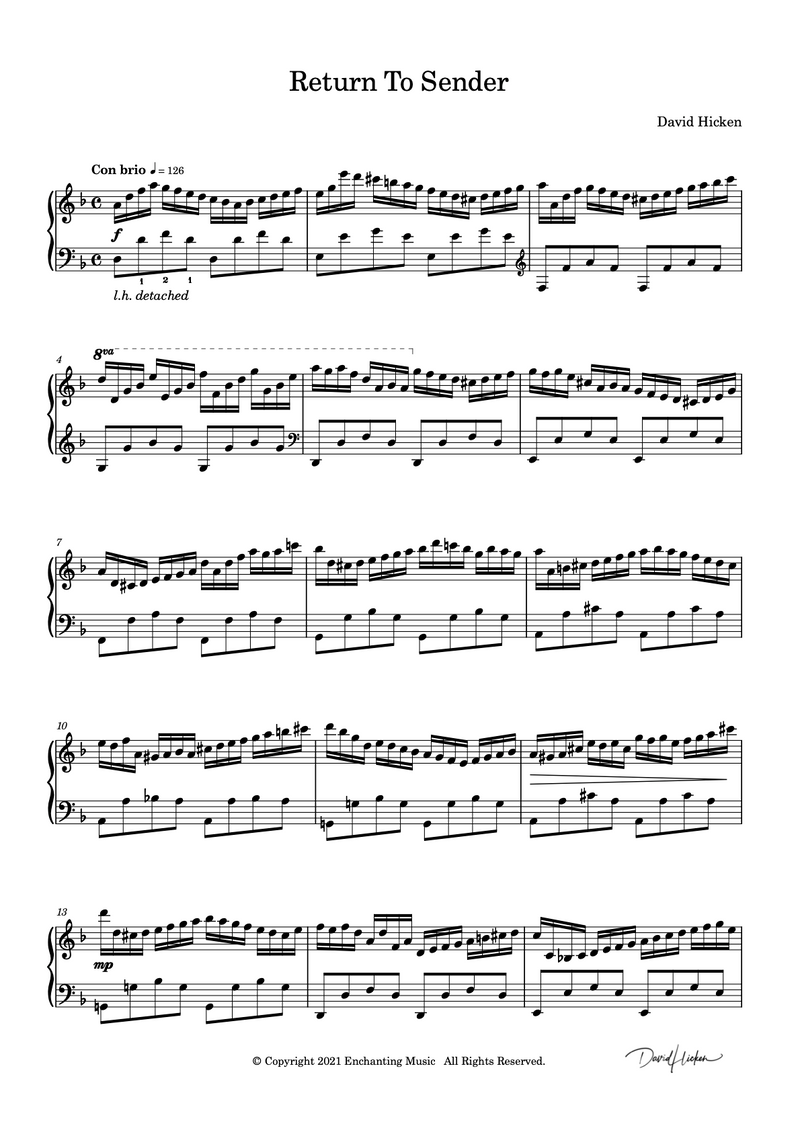Return To Sender Piano Sheet Music by David Hicken
